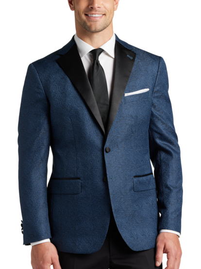 Men's Black Blazer, Blue Paisley Dress Shirt, Blue Dress Pants