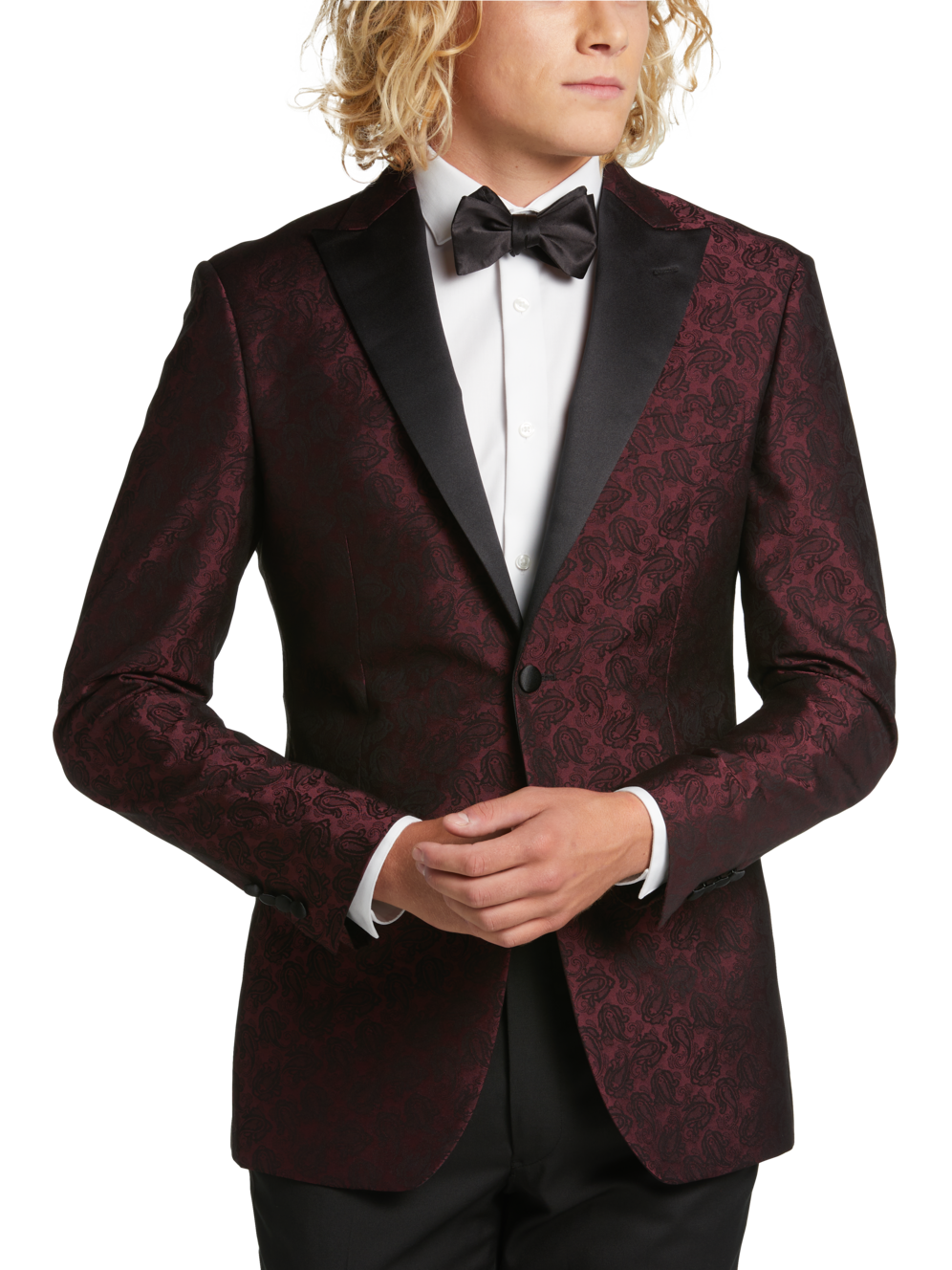 Egara Slim Fit Satin Peak Lapel Dinner Jacket, Burgundy Patterned Men's Moores Clothing