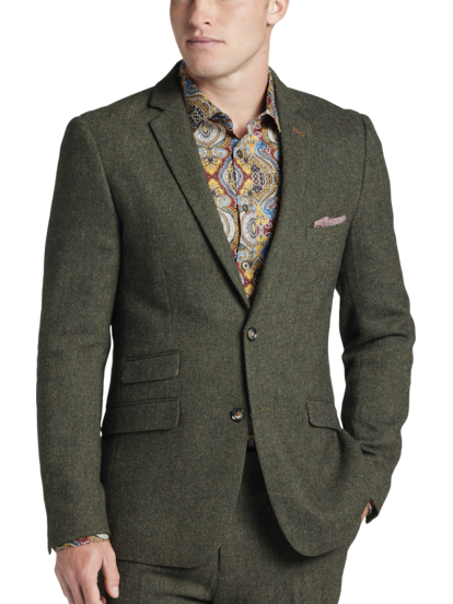 Mens Trousers - Olive Herringbone Tweed