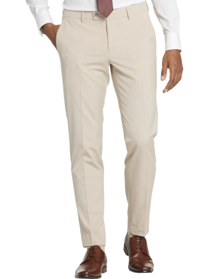 Beige Slim Fit Dress Pants Flat Front Pre-hemmed