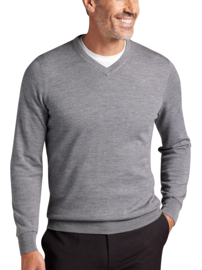 Men's Grey V-Neck Merino Wool Jumper