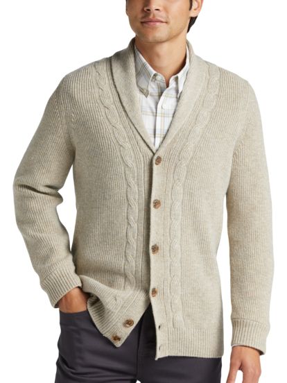 Modern Fit Shawl Collar Cable Knit Cardigan Sweater