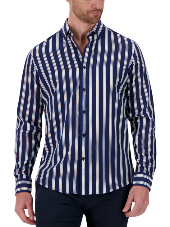 Report Collection Slim Fit Panel Stripe Four-way Stretch Casual Shirt ...