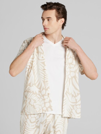 Paisley Gray Slim Fit Linen Blend Short Sleeve Button Up Shirt