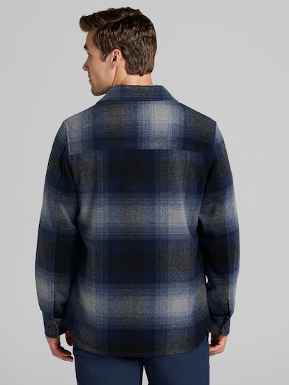 Joseph Abboud Indigo Blue Wool Plaid Shirt Jacket | Men's Sweaters