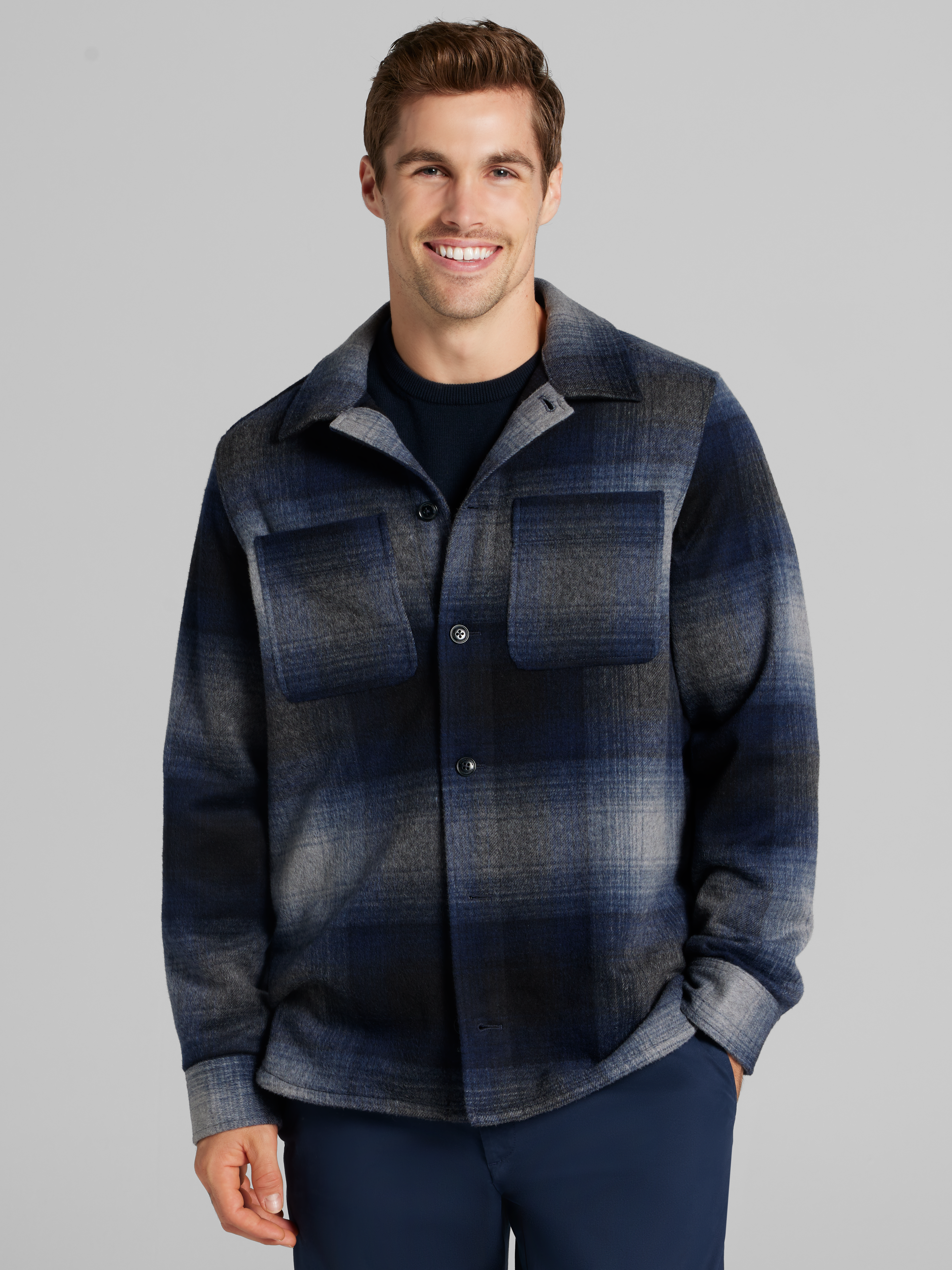 Joseph Abboud Indigo Blue Wool Plaid Shirt Jacket | Men's Sweaters