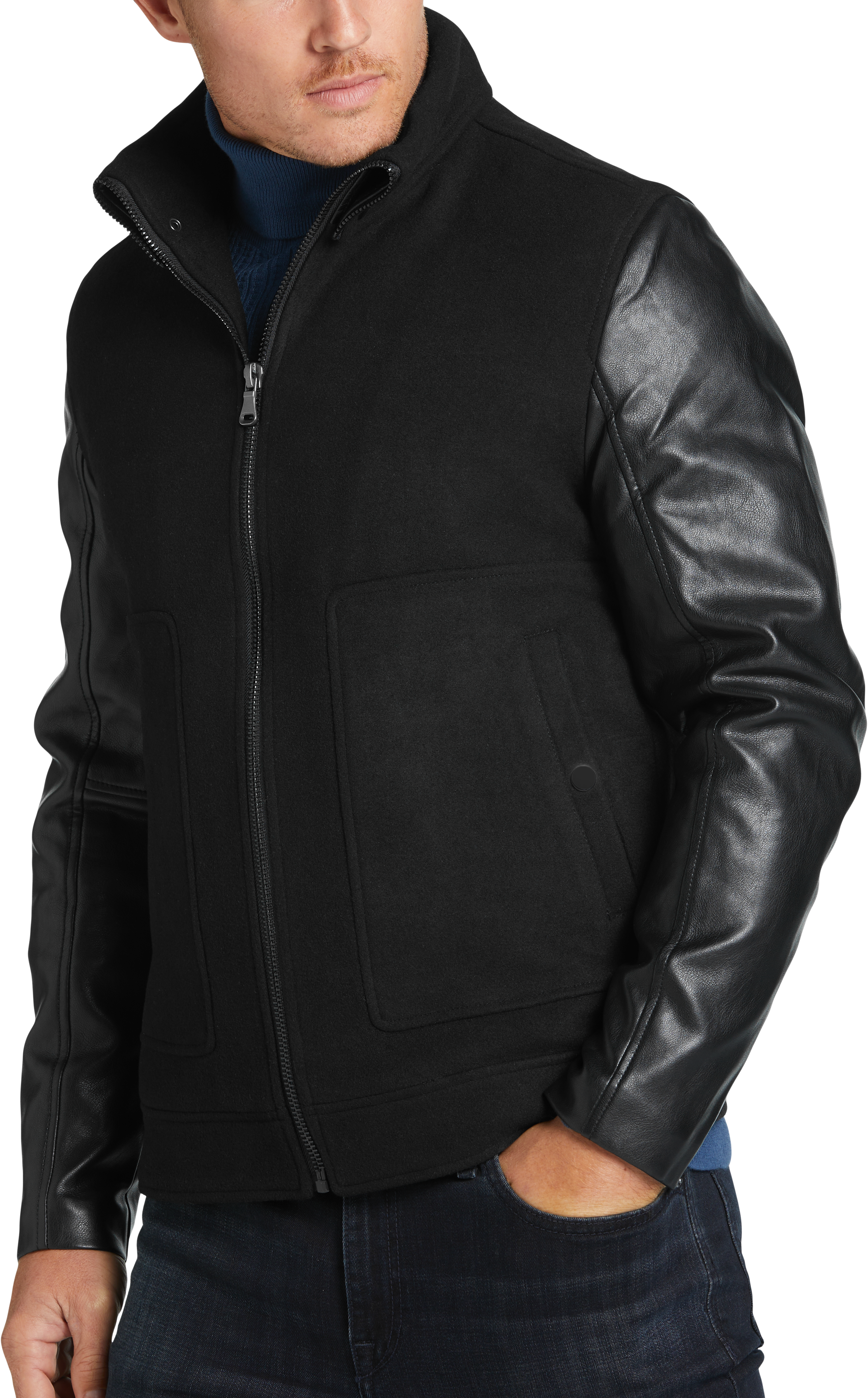 Michael Strahan Modern Fit Faux Leather Wool Blend Bomber Jacket Men s Moores Clothing