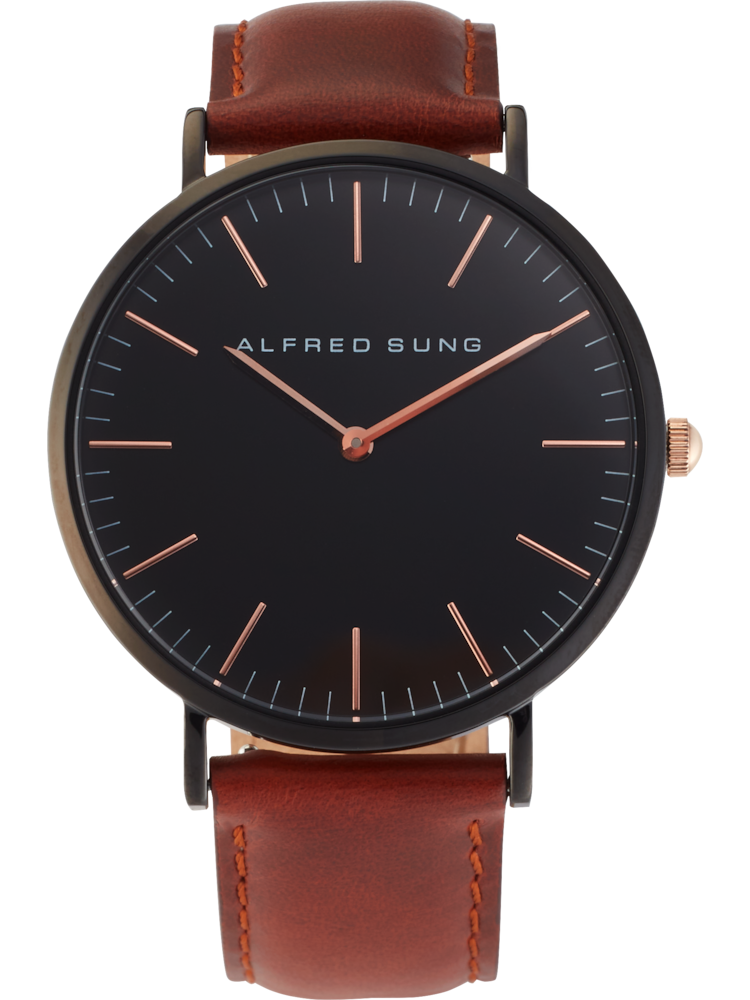 Alfred Sung Full Grain Leather Strap Black Finish Watch