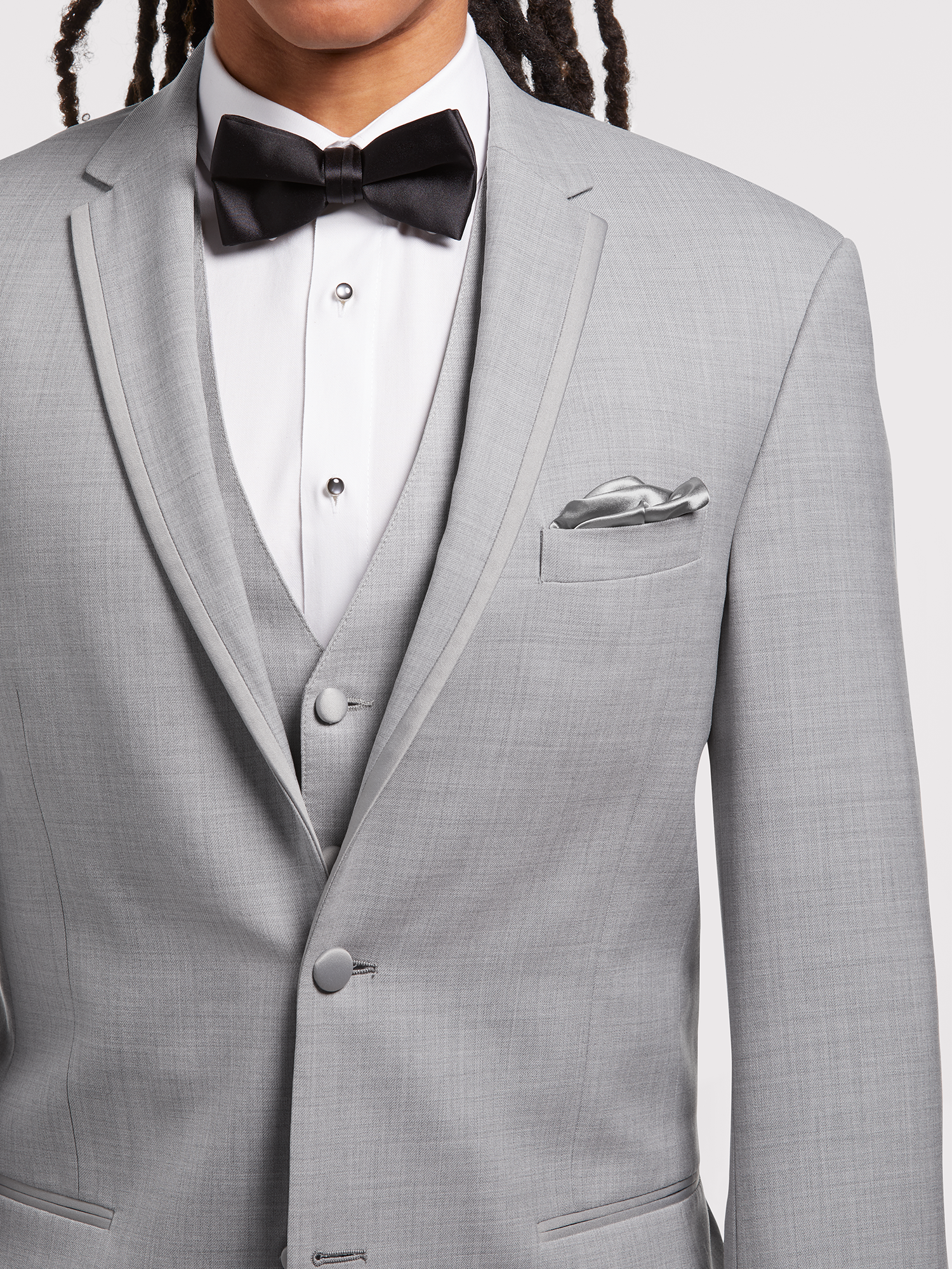 Custom Tailored Light Grey Tuxedo with Satin Trim